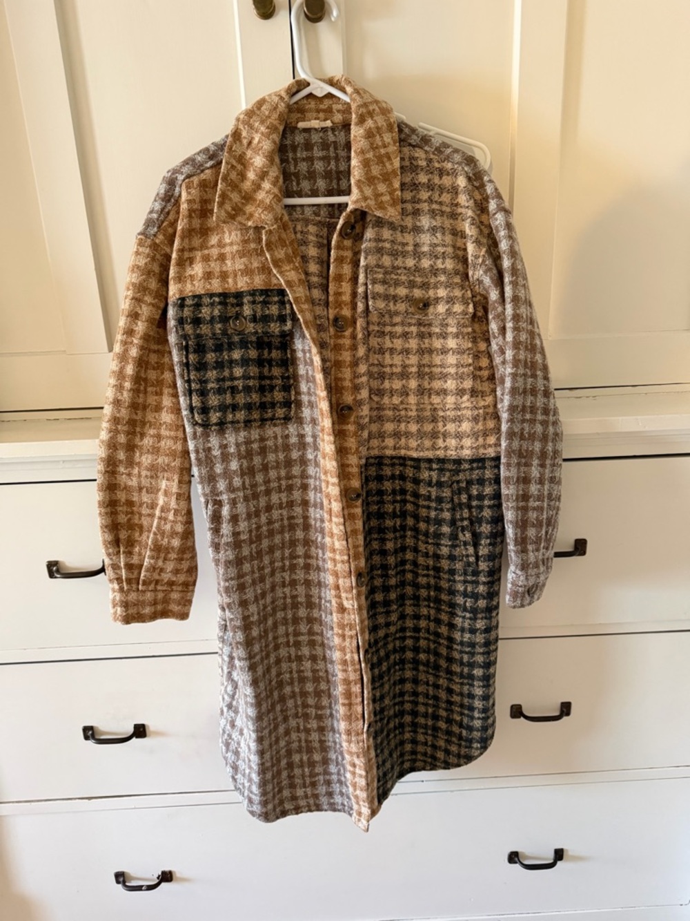 Mystree Patchwork Houndstooth Long Coat in Brown and Black